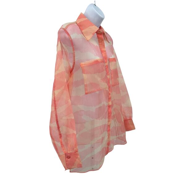 Rachel Zoe Semi-Sheer Button Up Shirt Sz M Pink Orange Animal Print Long Sleeves - Picture 2 of 9